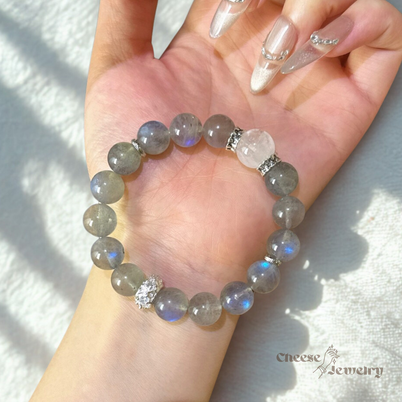 Ocean Spirit — Grey Moonstone & White Phantom Quartz Bracelet