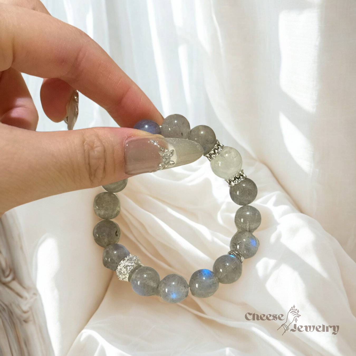 Ocean Spirit — Grey Moonstone & White Phantom Quartz Bracelet