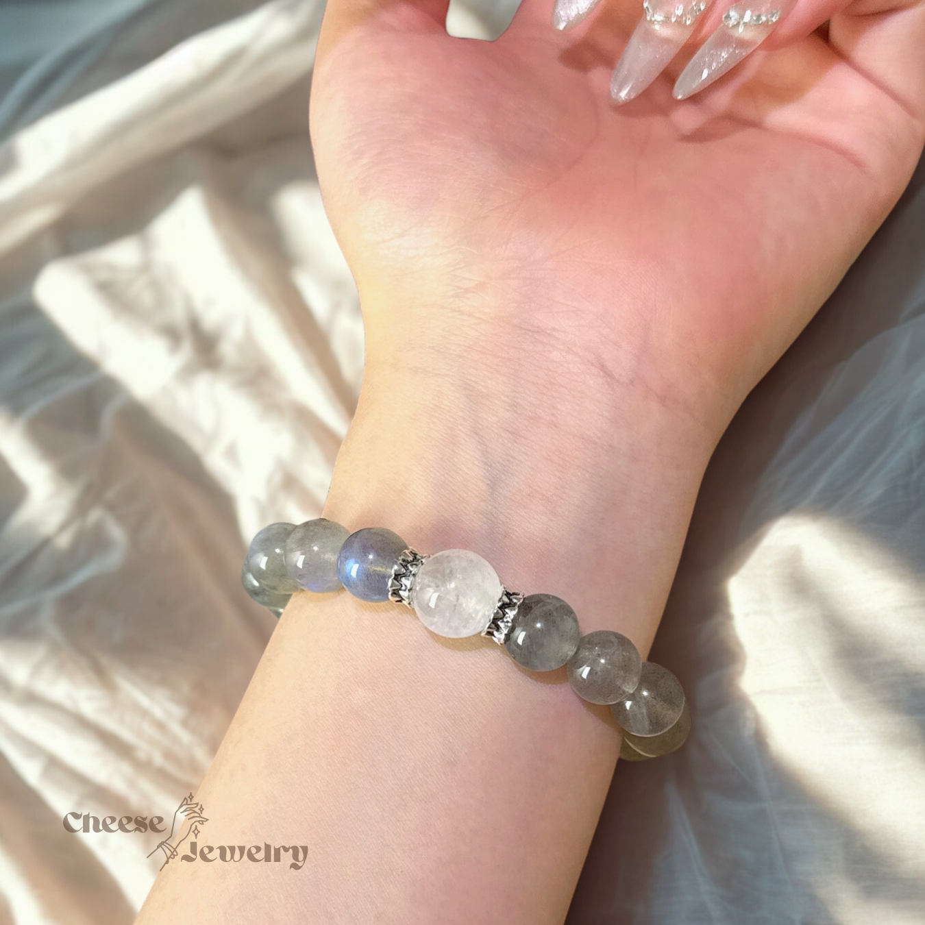 Ocean Spirit — Grey Moonstone & White Phantom Quartz Bracelet